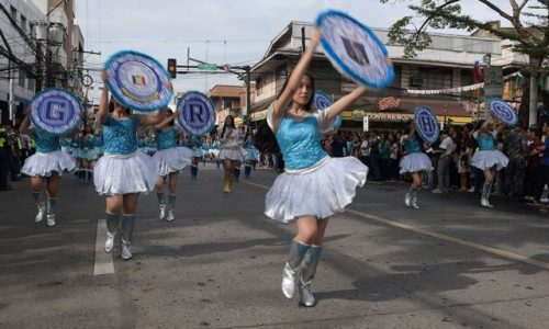 Band majorettes perform during the Higalaay civic-military parade on Tuesday (27 Aug 2019), a tradition held on the eve of the Cagayan de Oro City fiesta celebrating the feast of St. Augustine. More than 120 contingents joined the parade. MindaNews photo by FROILAN GALLARDO