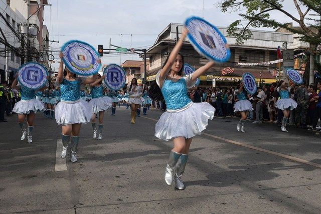 Band majorettes perform during the Higalaay civic-military parade on Tuesday (27 Aug 2019), a tradition held on the eve of the Cagayan de Oro City fiesta celebrating the feast of St. Augustine. More than 120 contingents joined the parade. MindaNews photo by FROILAN GALLARDO